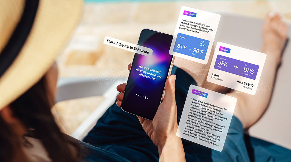 Over the shoulder of a woman looking at her phone, using AI to help book a holiday